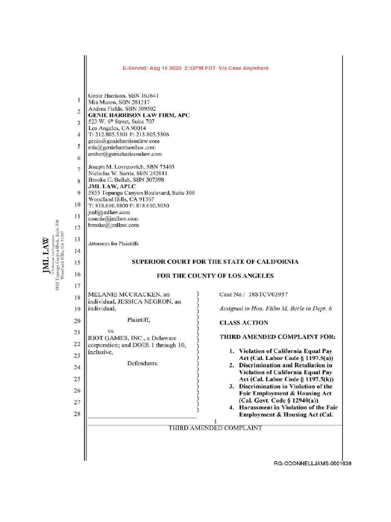 Class Action Lawsuit Against Riot Games Third Amended Complaint (6/10 ...