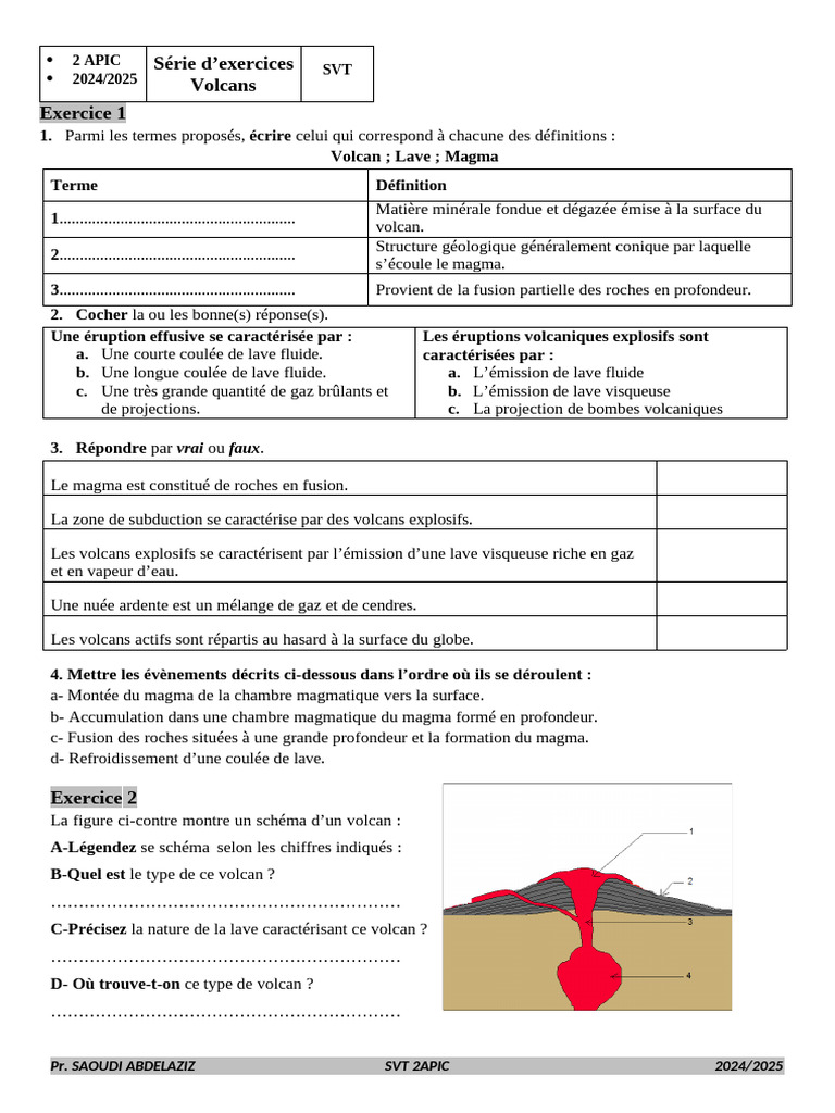 Exercices sur les volcans et leur éruption | PDF | Volcan | Lave