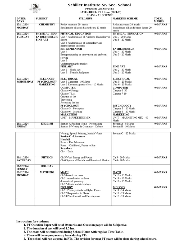 Class XI Science PT 2 Exam Schedule 2024 | PDF