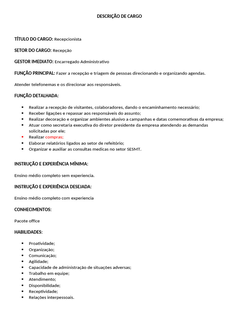 Descrição do Cargo: Recepcionista | PDF