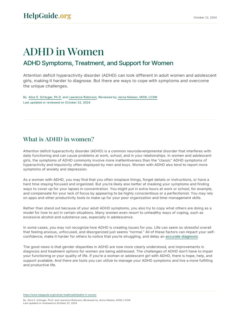 ADHD in WomenADHD Symptoms, Treatment, and Support For Women | PDF ...