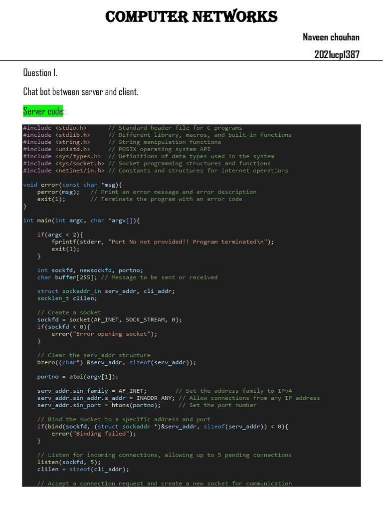 Chatbot and Calculator Server Code | PDF | Network Socket | C ...