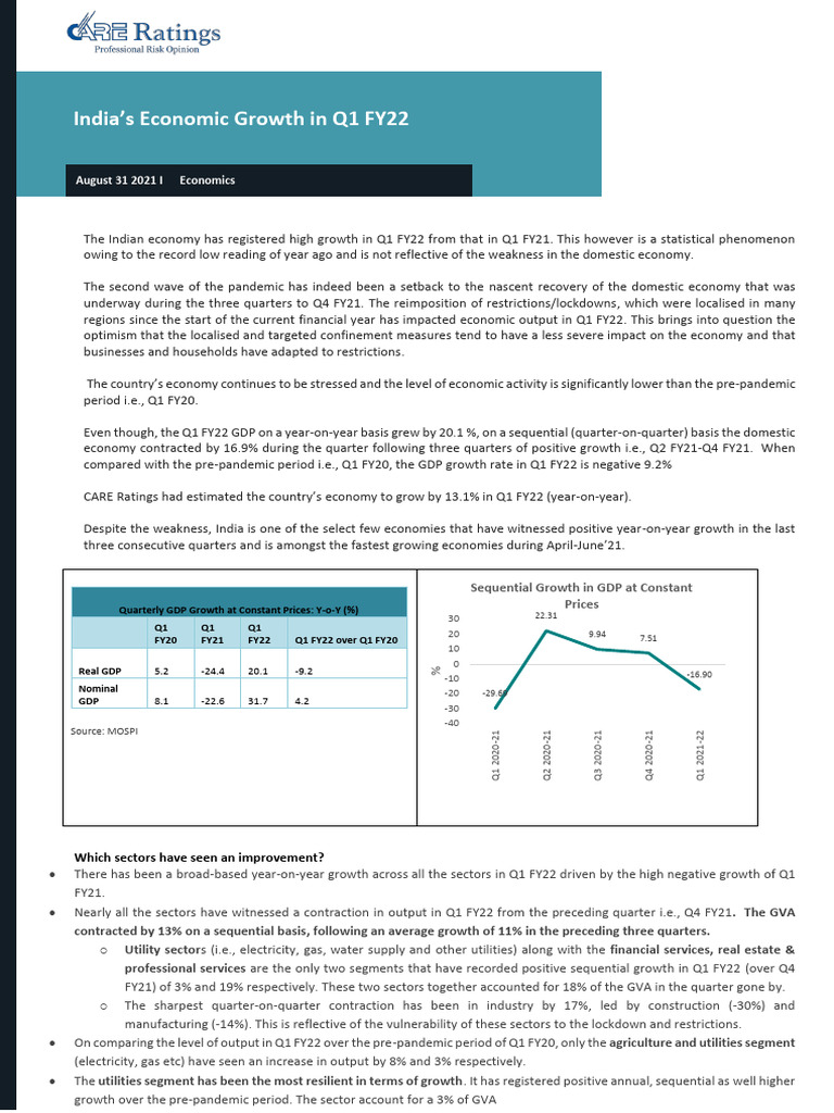 India S Economic Growth in Q1 FY22 | PDF | Economic Growth | Gross ...