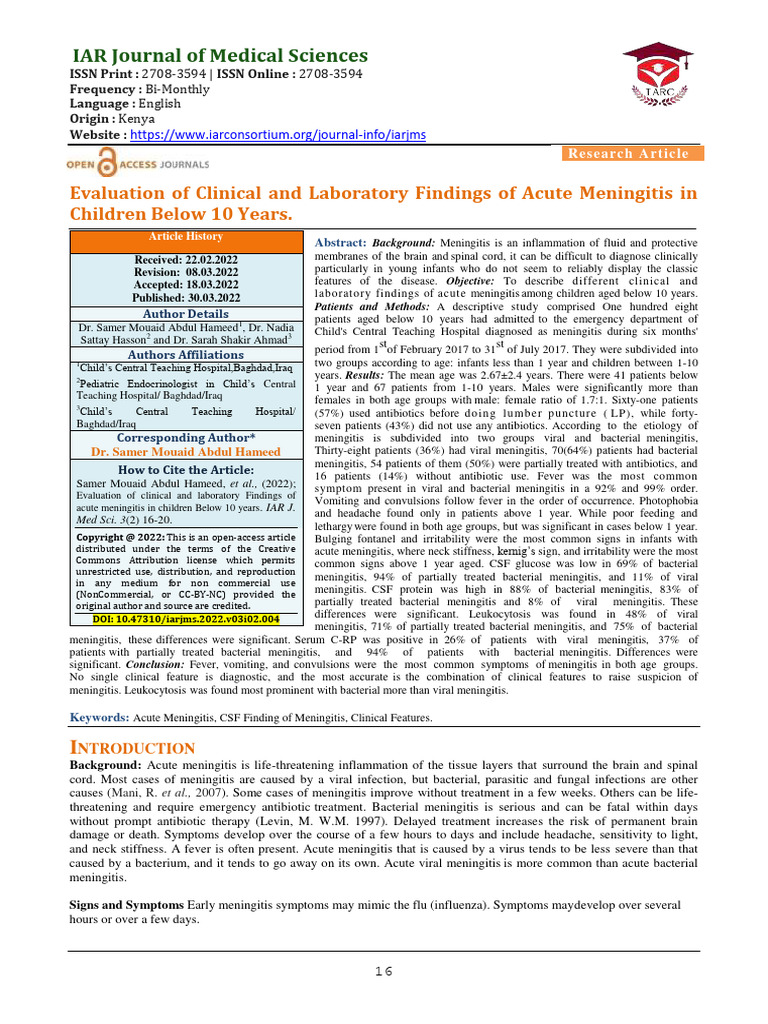 Evaluation of Clinical and Laboratory Fi | PDF | Meningitis | Clinical ...