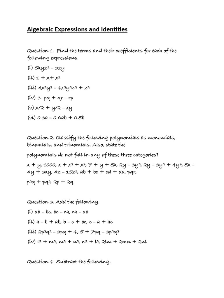 Class 8 Algebraic Expressions Worksheet | PDF | Area | Length