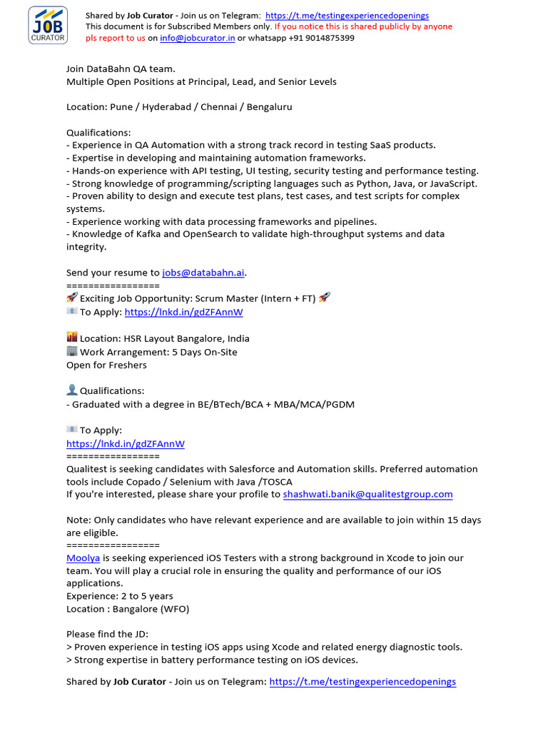 Qa Automation Job Openings Pdf Software Testing Selenium Software