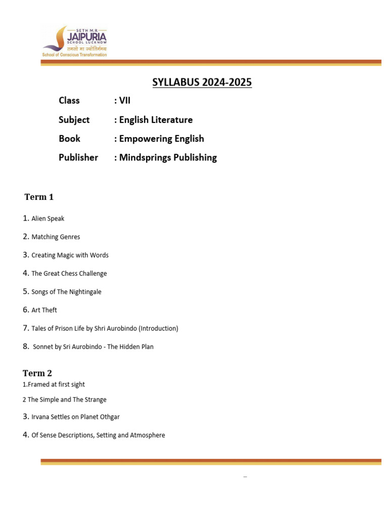 Class 7 English Literature Syllabus 2024 25 Pdf