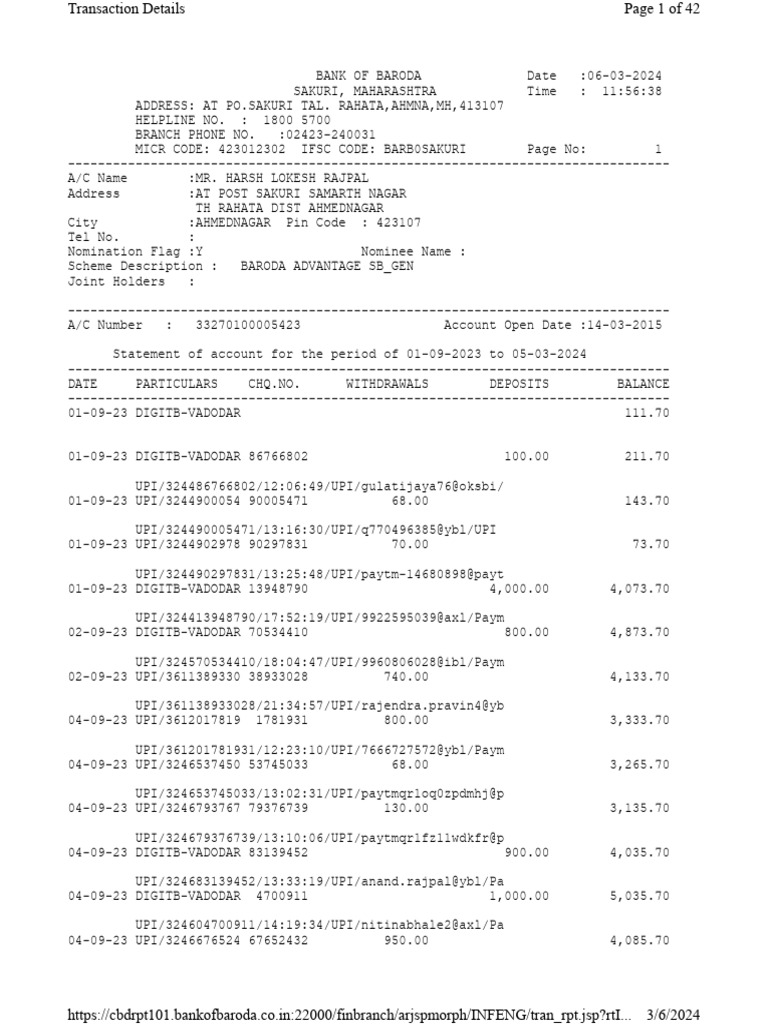 Bank Statement for Harsh Rajpal | PDF | Cheque | Banks