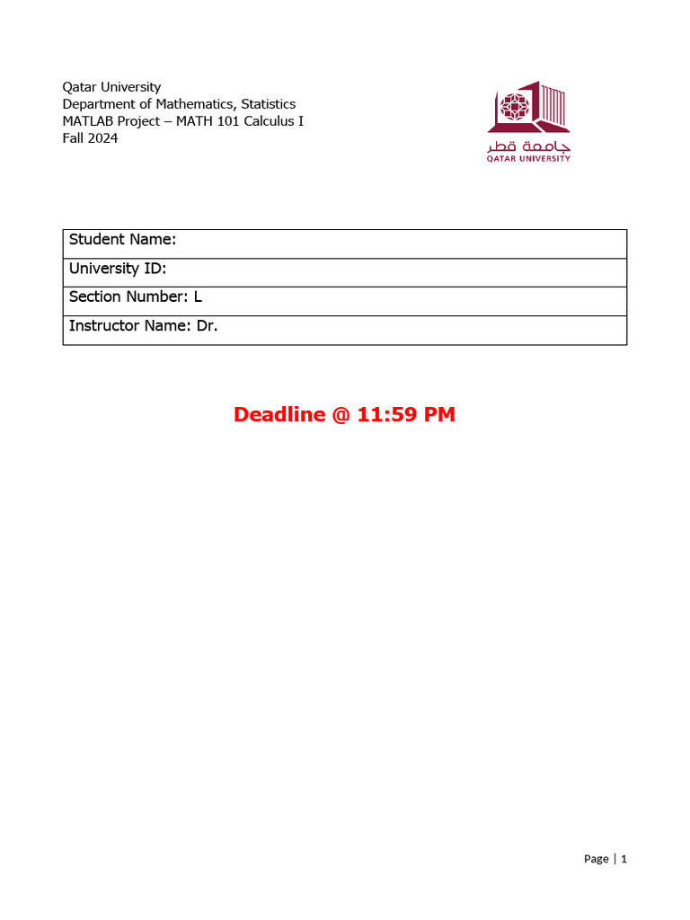 Deadline at 11:59 PM: Student Name: University ID: Section Number: L ...