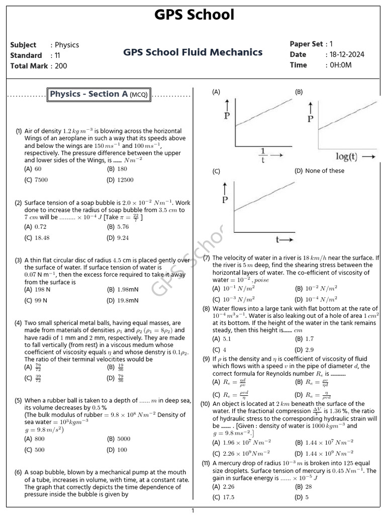 Fluid Mechanics JEE Mains Questions | PDF | Surface Tension | Liquids