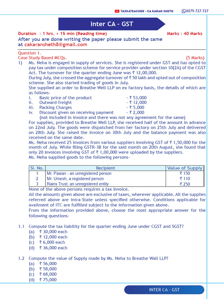 Inter CA GST Case Study MCQs | PDF | Value Added Tax | Taxes