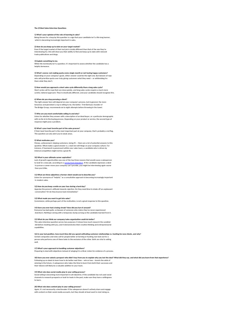 Top 25 Sales Interview Questions | PDF | Sales | Cognition