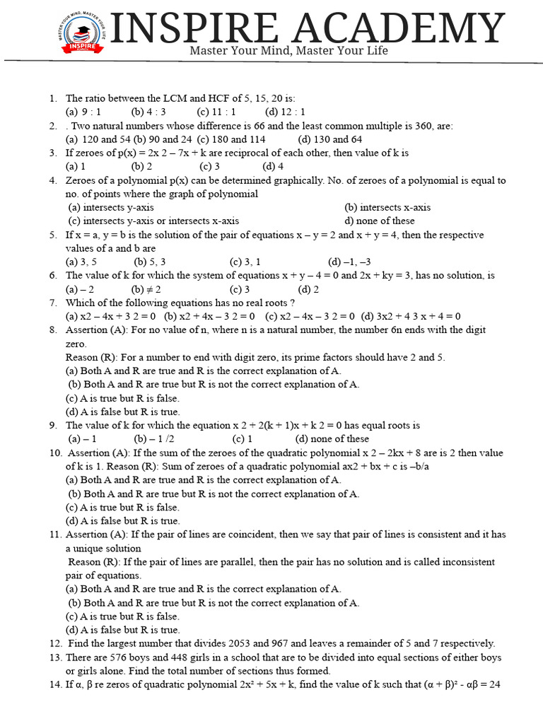 Class x maths test ch 1 to 4 date 26 12 24 pdf numbers zero of a