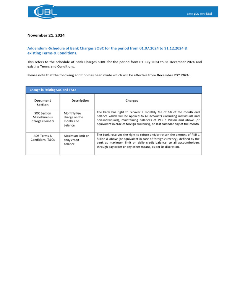 Bank Charges Addendum 2024 Update | PDF