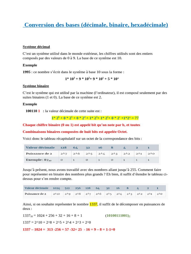 Conversion des bases numériques | PDF | Décimal | Nombre