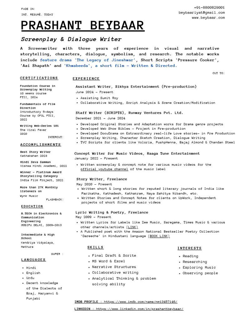 Prashant Beybaar - CV | PDF | Screenplay