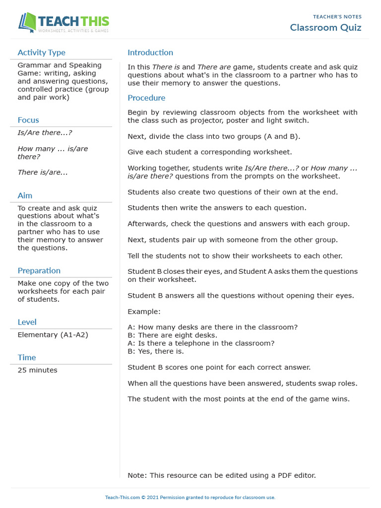 Classroom Quiz Pdf Classroom