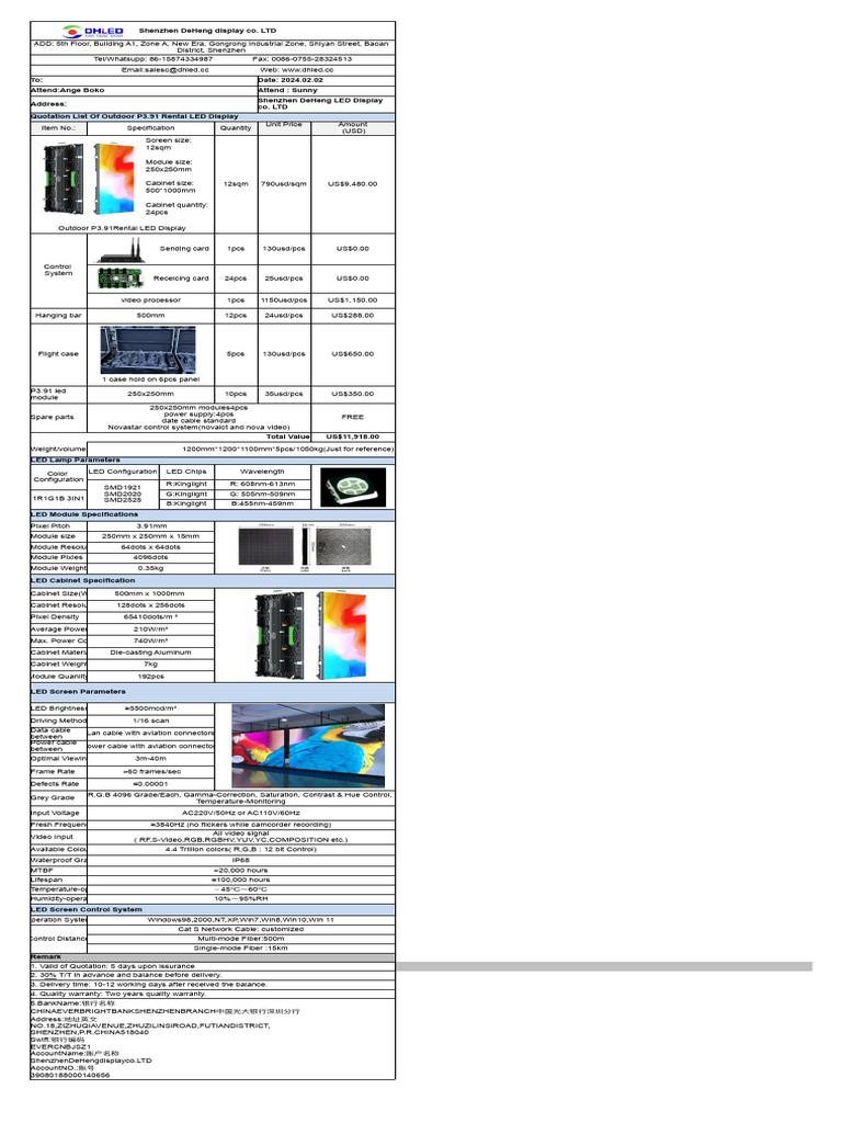 Quotation for Outdoor P3.91 LED Display | PDF | Video | Personal Computers