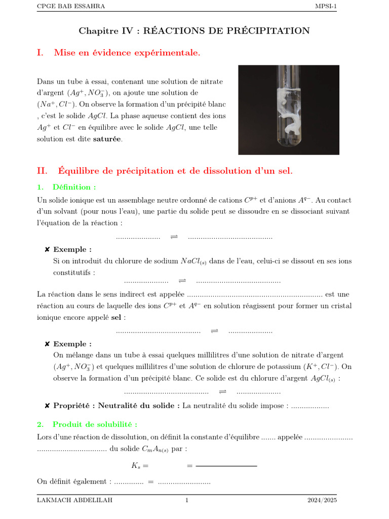 Réactions de Précipitation en Chimie | PDF | Précipité | Équilibre chimique