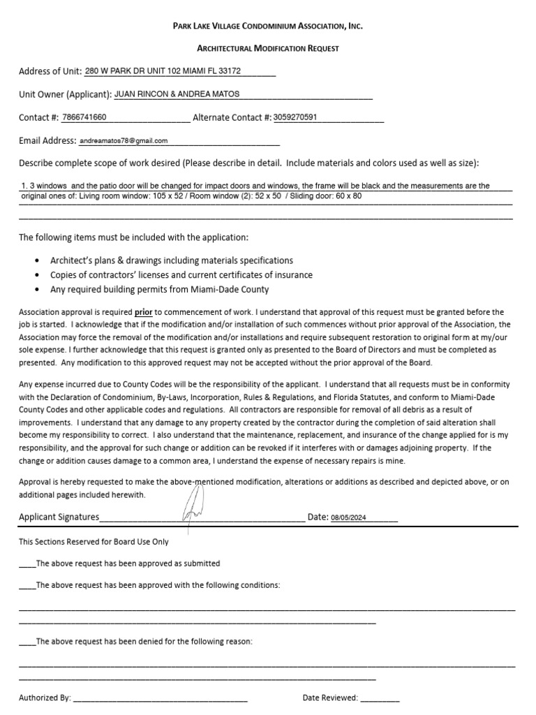 Architectural Modification Request - Park Lake Village | PDF ...