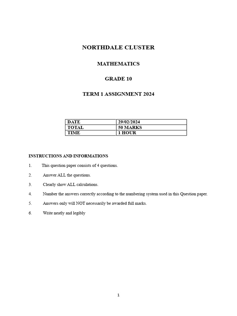 Grade 10 Mathematics Term 1 Assignment | PDF