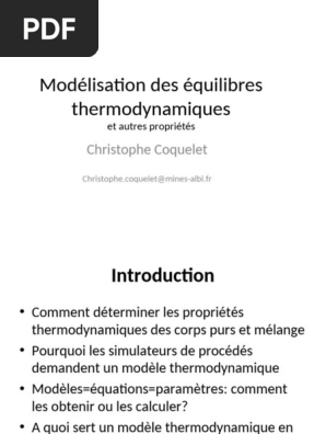 Modélisation des équilibres thermodynamiques | PDF | Propriétés  thermodynamiques