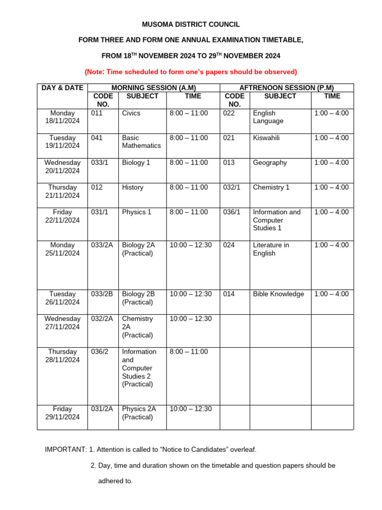 Form Three Exam Timetable 2024 | PDF
