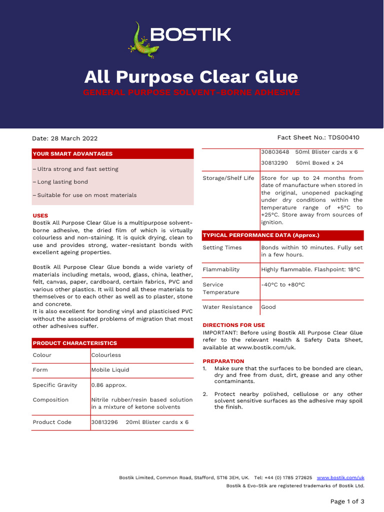 Bostik All Purpose Clear Glue Guide | PDF | Adhesive | Tort