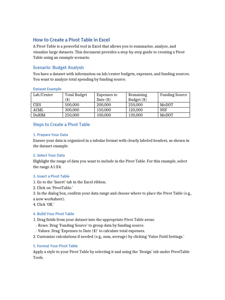 Create Pivot Table in Excel Guide | PDF