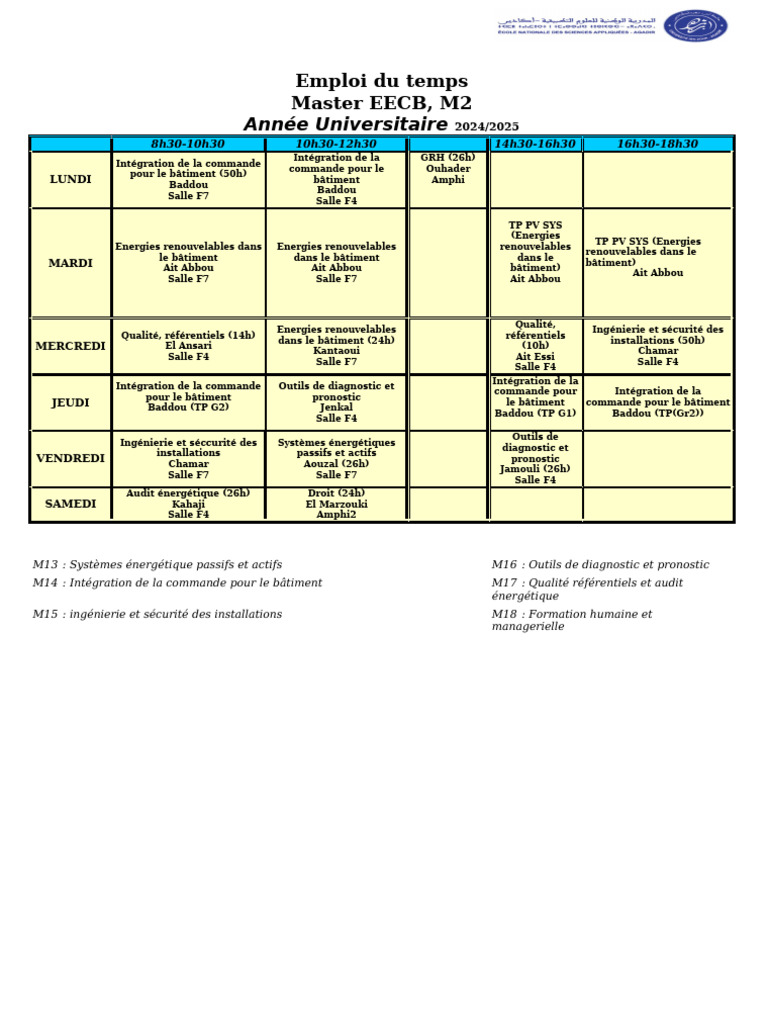 Emploi du temps Master EECB M2 2024/2025 | PDF