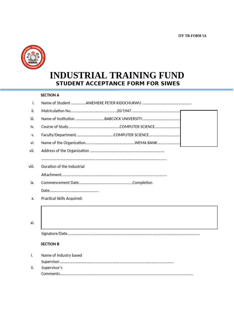 ITF Student Acceptance Form for SIWES | PDF