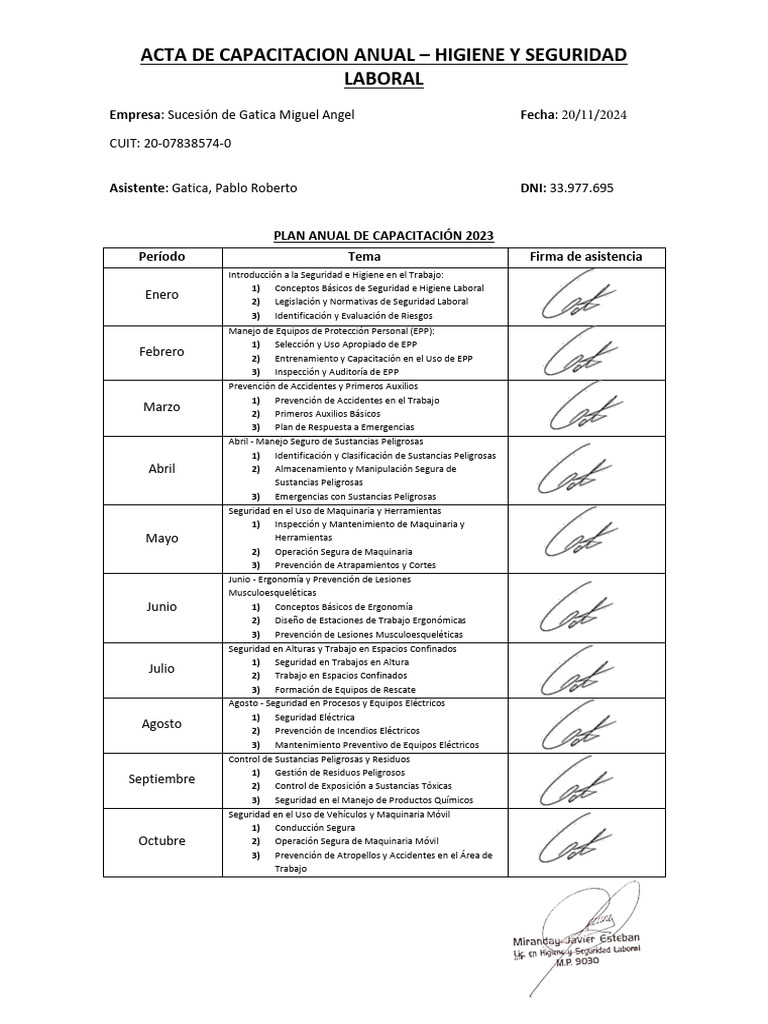 Plan Anual de capacitaciones S&H[64] | PDF | Seguridad y salud ...