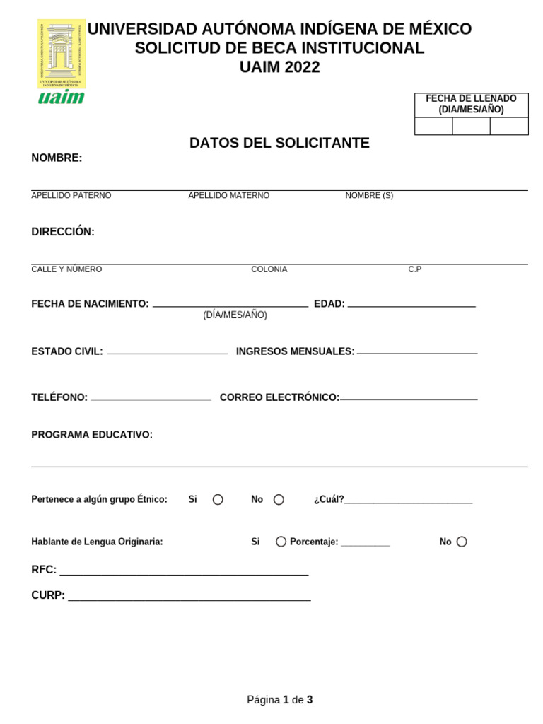 Formato de Solicitud de Beca Institucional de Posgrado 2022 | PDF