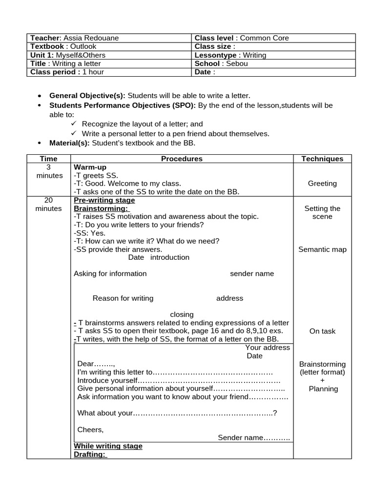 Writing a Personal Letter Lesson Plan | PDF | Human Communication ...