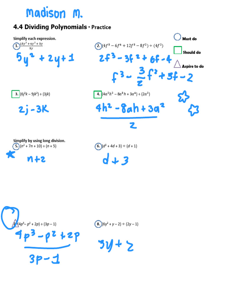 4.4 Dividing Polynomials: Practice | PDF