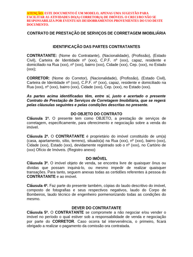 Modelo de Contrato de Corretagem Imobiliária | PDF
