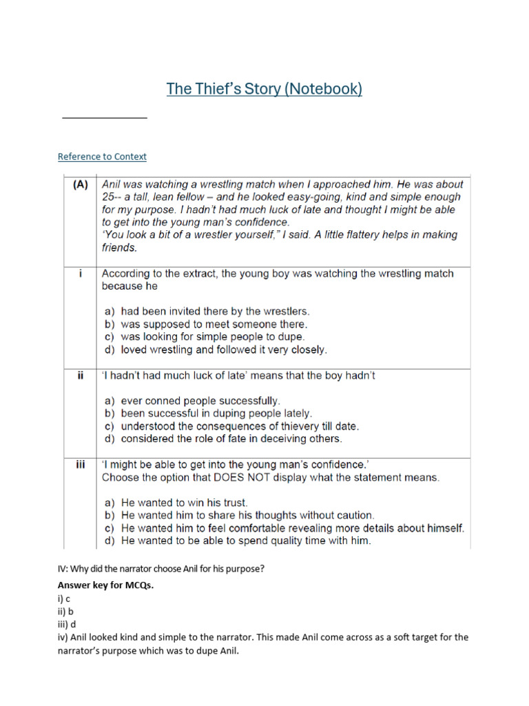 The Thiefs Story Class 10 Summary