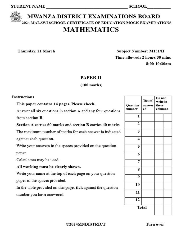 2024 MSCE Mathematics Mock Exam | PDF | Circle | Angle