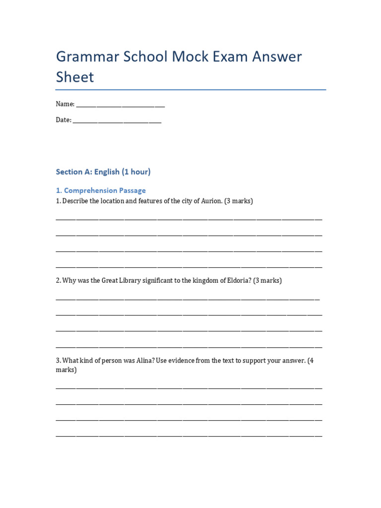 Grammar School Mock Exam Template | PDF | Linguistics | Mathematics