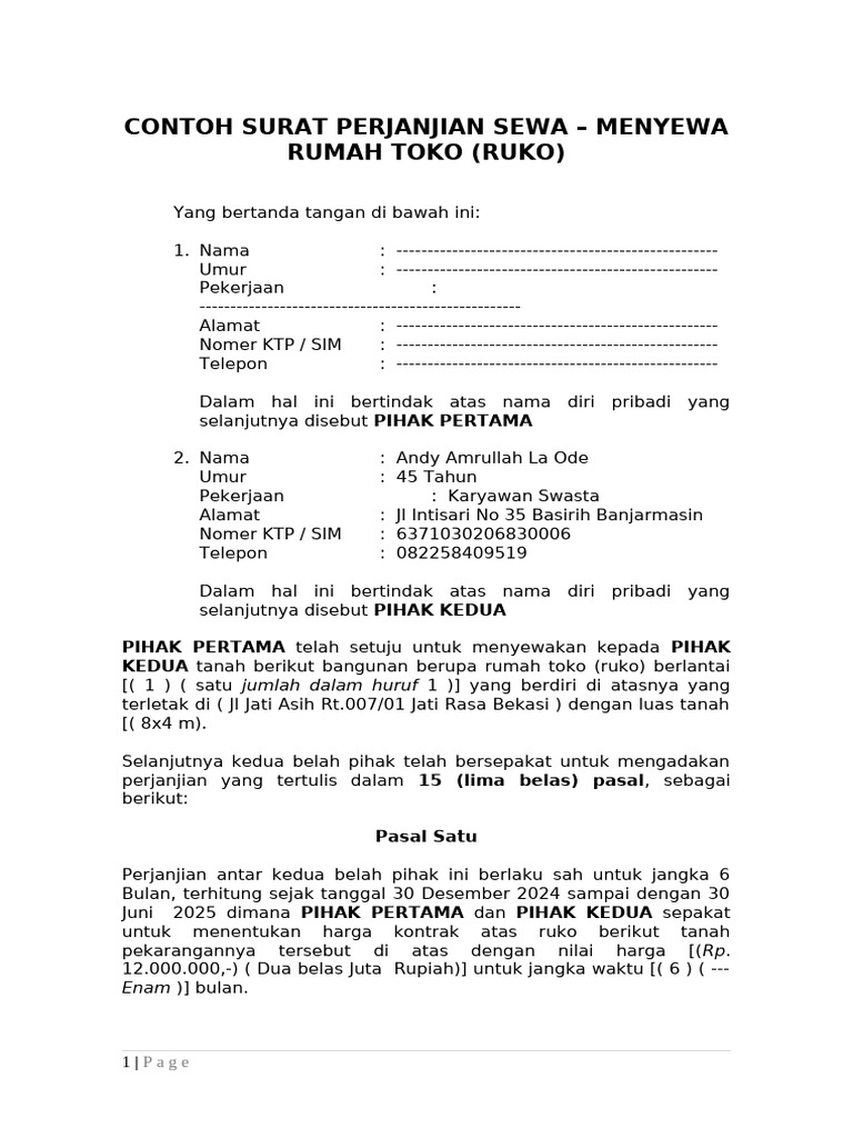 Contoh Surat Perjanjian Sewa Ruko | PDF