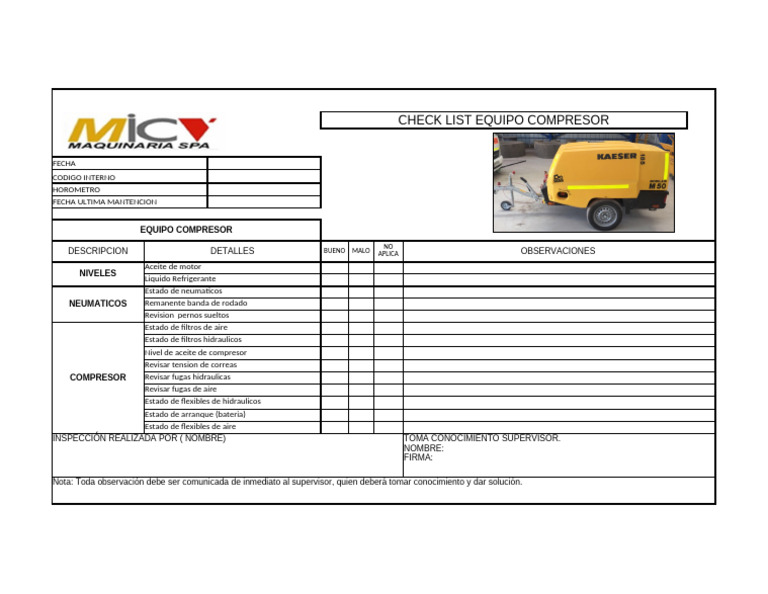 Checklist de Inspección de Compresores | PDF