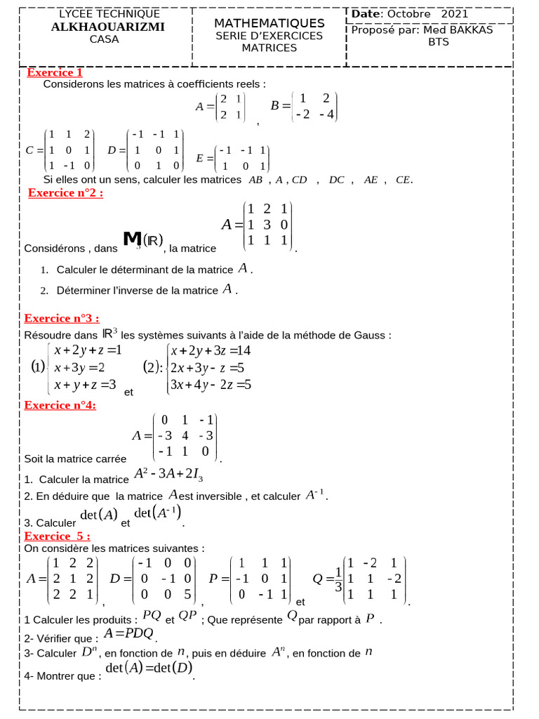 Exercices sur les Matrices au Lycée | PDF | Matrice (Mathématiques ...