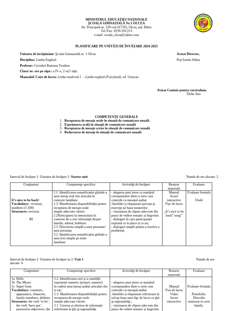 Clasa 4 UNITATI Engleza | PDF