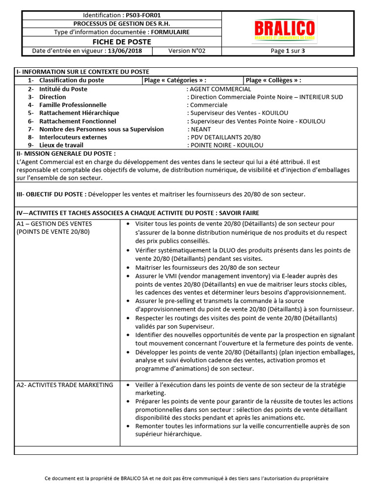 Fiche de Poste : Agent Commercial KOUILOU | PDF | Gestion des ...