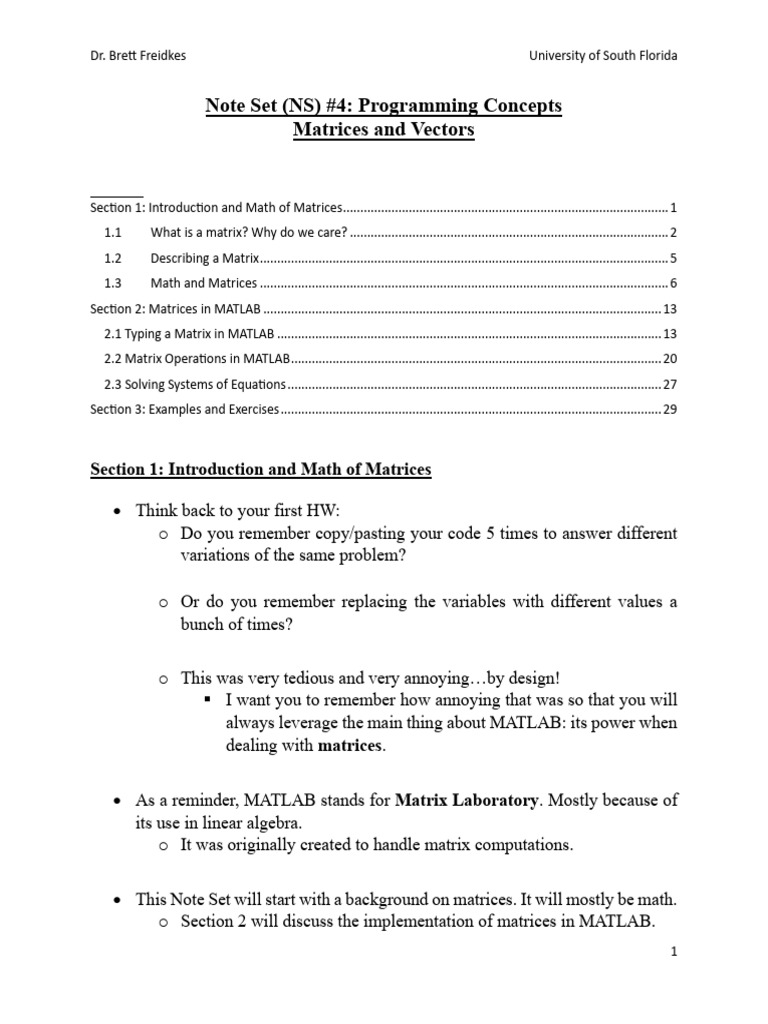 NoteSet_4_v1 | PDF | Matrix (Mathematics) | Matlab