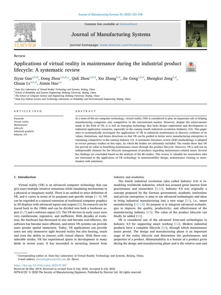 AR-2020-Guo-Applications of Virtual Reality in Maintenance | PDF ...