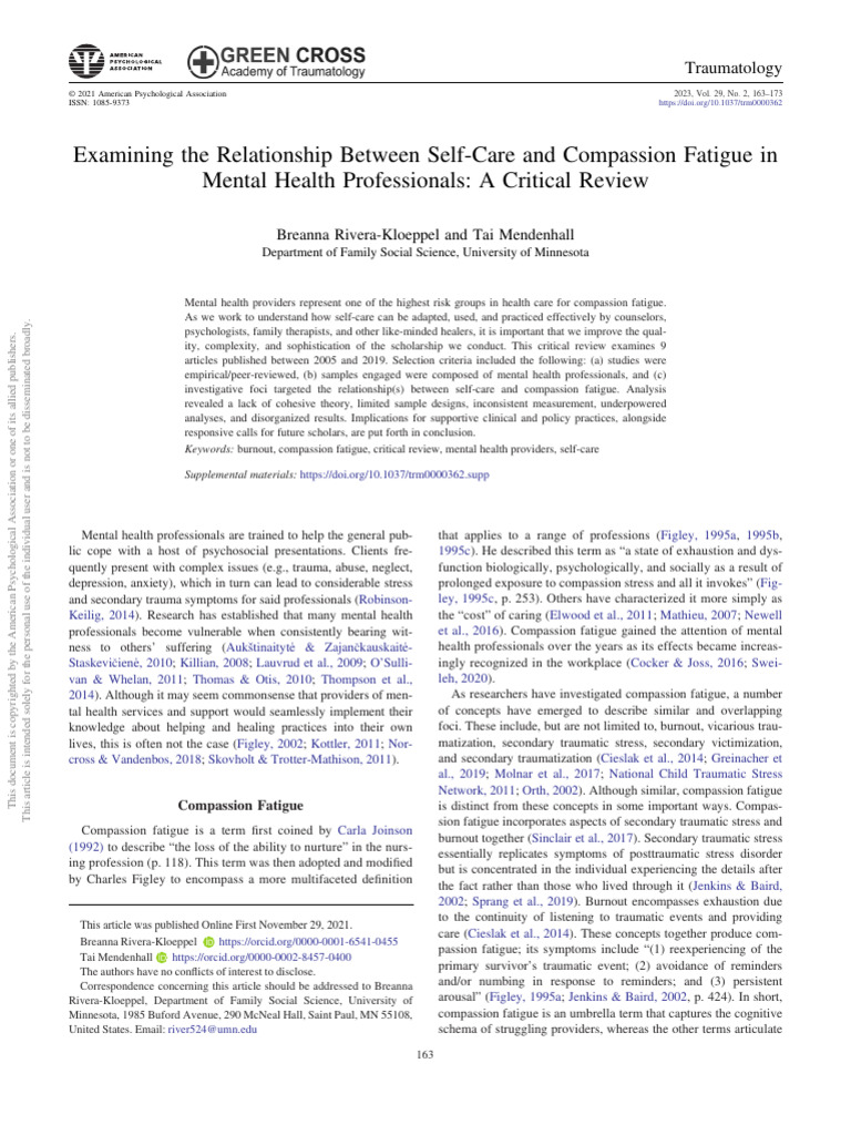 Examining The Relationship Between Self-Care and Compassion Fatigue in ...