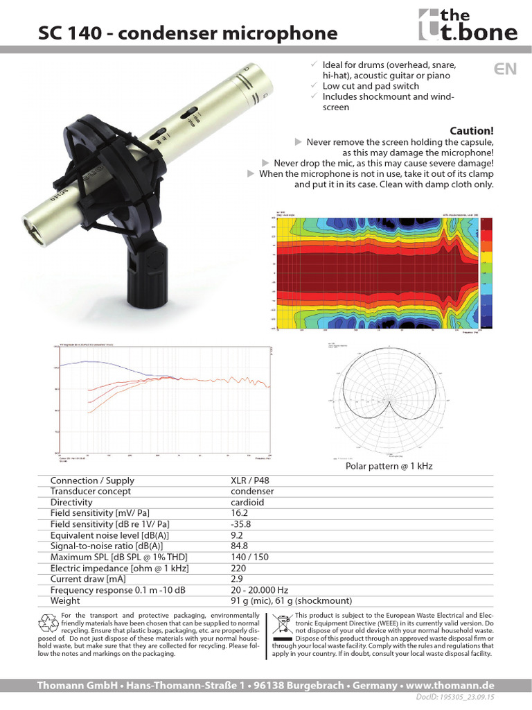 T-Bone Sc140 Datasheet v2 Eng | PDF | Microphone | Electrical Engineering