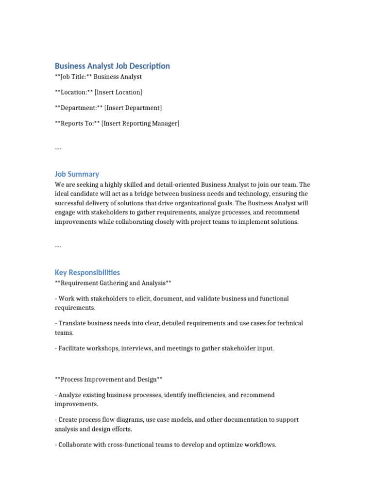 Business Analyst Job Description | PDF | Use Case | Business Analysis