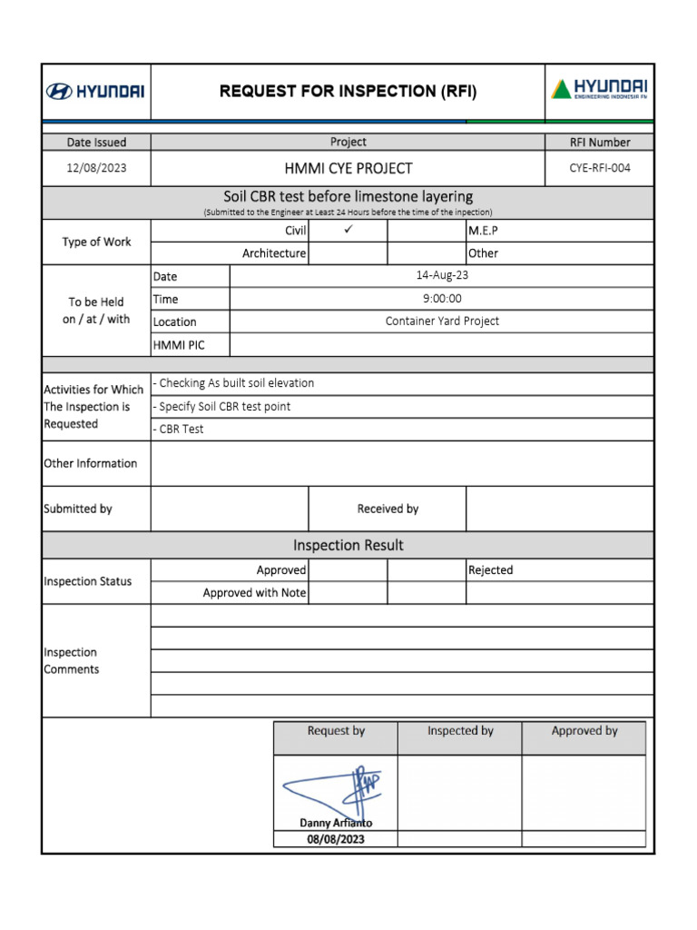 Hmmi Cye Rfi 004 - Rfi - Field CBR - Test | PDF